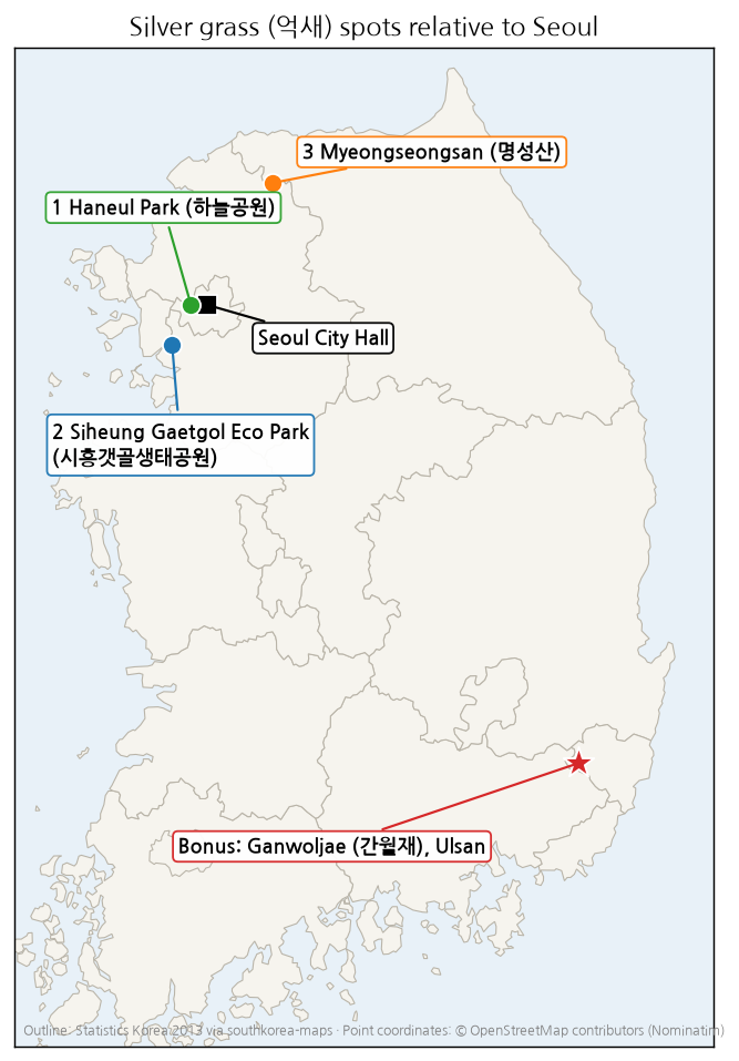 Overview map of the silver grass spots relative to Seoul